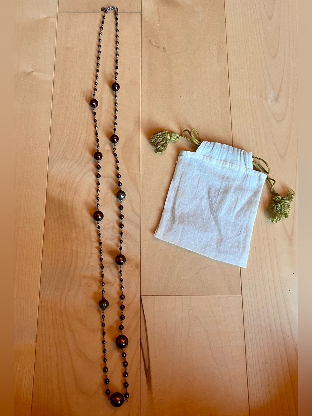 Chan Luu Burgundy Brown Beaded Long Station Necklace • Marked 925 • Pouch